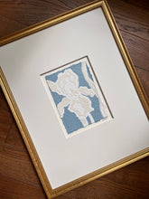 Load image into Gallery viewer, Iris in Blue I, Original Artwork by Kendal Blanchard, Southern artist, Southern art, Flower art, Botanical art, Textured art, Collaged art, Classic artwork, Timeless art, Blue and white artwork, Foliage artwork, Traditional artwork, Original artwork, Traditional home artwork, Painted flowers, Botanicals Florals, Floral artwork, Coastal artwork
