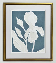 Load image into Gallery viewer, Iris Garden IV Print, Original Artwork by Kendal Blanchard, Southern artist, Southern art, Flower art, Botanical art, Textured art, Collaged art, Classic artwork, Timeless art, Blue and white artwork, Foliage artwork, Traditional artwork, Original artwork, Traditional home artwork, Painted flowers, Botanicals Florals, Floral artwork, Coastal artwork