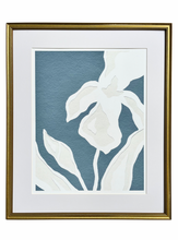 Load image into Gallery viewer, Iris Garden III Print, Original Artwork by Kendal Blanchard, Southern artist, Southern art, Flower art, Botanical art, Textured art, Collaged art, Classic artwork, Timeless art, Blue and white artwork, Foliage artwork, Traditional artwork, Original artwork, Traditional home artwork, Painted flowers, Botanicals Florals, Floral artwork, Coastal artwork