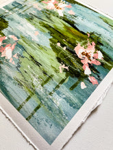 Load image into Gallery viewer, Lily Pad Sonata - Giclee Print, Original Artwork by Kendal Blanchard, Southern artist, Southern art, Flower art, Botanical art, Textured art, Collaged art, Classic artwork, Timeless art, Blue and white artwork, Foliage artwork, Traditional artwork, Original artwork, Traditional home artwork, Painted flowers, Botanicals Florals, Floral artwork, Coastal artwork