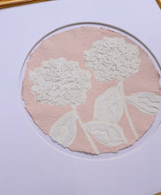 Load image into Gallery viewer, Double Hydrangea in Pink, Original Artwork by Kendal Blanchard, Southern artist, Southern art, Flower art, Botanical art, Textured art, Collaged art, Classic artwork, Timeless art, Blue and white artwork, Foliage artwork, Traditional artwork, Original artwork, Traditional home artwork, Painted flowers, Botanicals  Florals, Floral artwork, Coastal artwork
