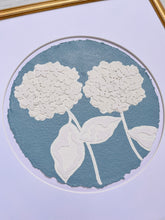 Load image into Gallery viewer, Double Hydrangea in Blue II, Original Artwork by Kendal Blanchard, Southern artist, Southern art, Flower art, Botanical art, Textured art, Collaged art, Classic artwork, Timeless art, Blue and white artwork, Foliage artwork, Traditional artwork, Original artwork, Traditional home artwork, Painted flowers, Botanicals  Florals, Floral artwork, Coastal artwork
