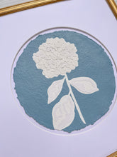 Load image into Gallery viewer, Single Hydrangea in Blue II, Original Artwork by Kendal Blanchard, Southern artist, Southern art, Flower art, Botanical art, Textured art, Collaged art, Classic artwork, Timeless art, Blue and white artwork, Foliage artwork, Traditional artwork, Original artwork, Traditional home artwork, Painted flowers, Botanicals  Florals, Floral artwork, Coastal artwork
