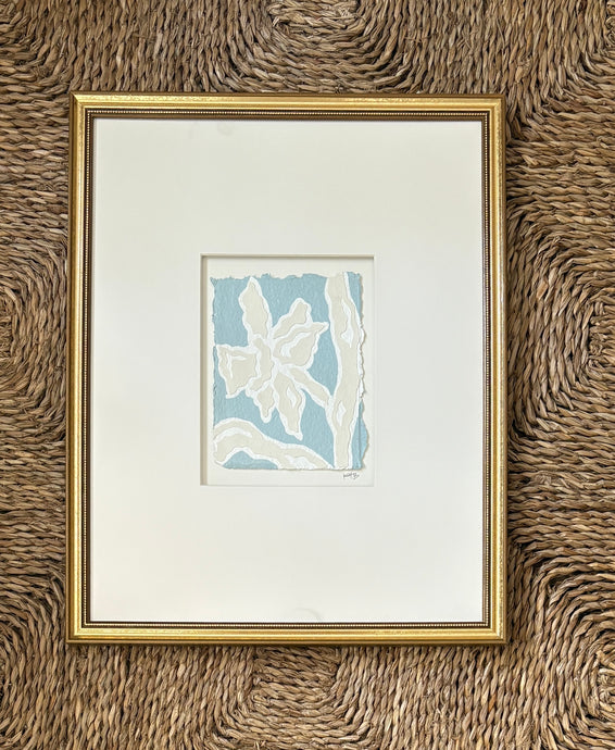 Blue Daffodil Fragment, Original Artwork by Kendal Blanchard, Southern artist, Southern art, Flower art, Botanical art, Textured art, Collaged art, Classic artwork, Timeless art, Blue and white artwork, Foliage artwork, Traditional artwork, Original artwork, Traditional home artwork, Painted flowers, Botanicals Florals, Floral artwork, Coastal artwork