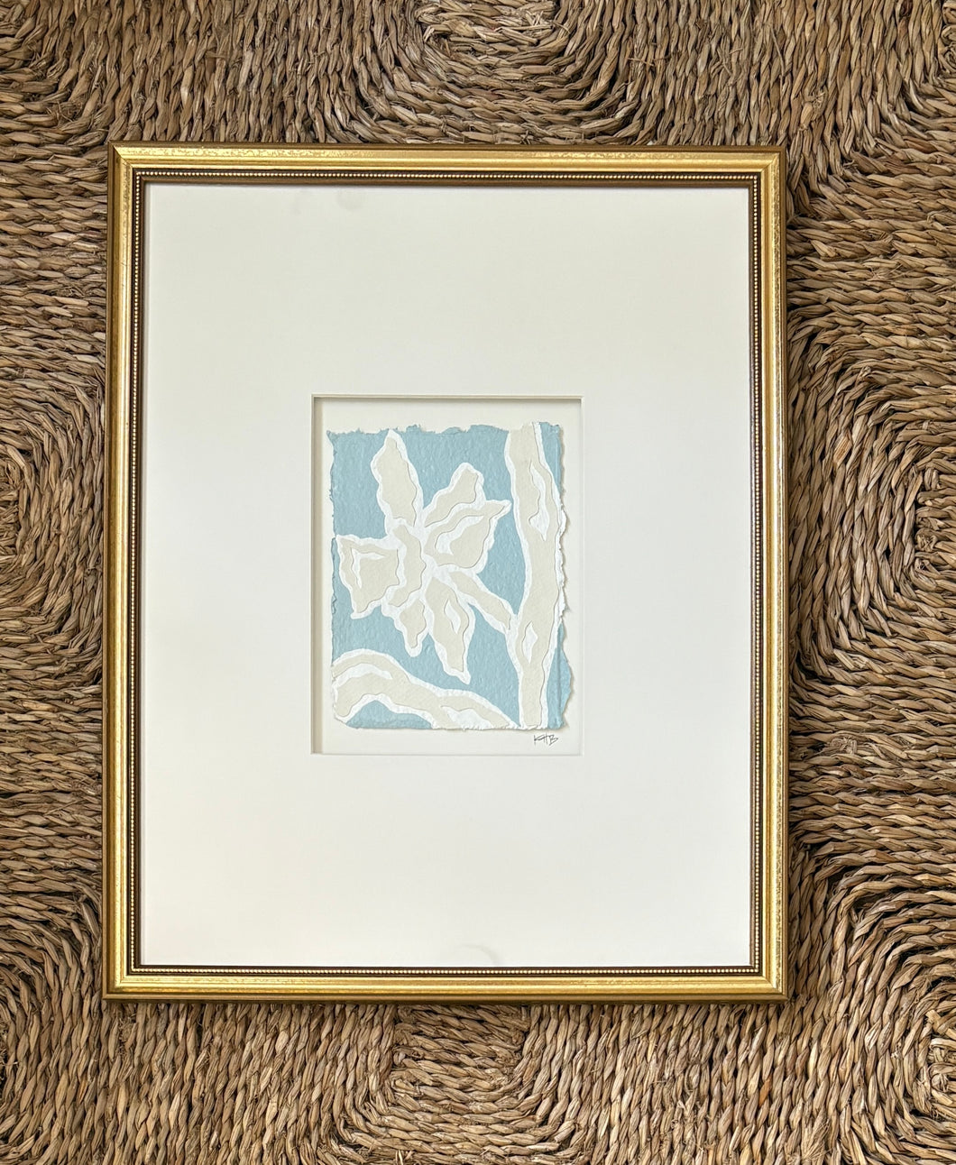 Blue Daffodil Fragment, Original Artwork by Kendal Blanchard, Southern artist, Southern art, Flower art, Botanical art, Textured art, Collaged art, Classic artwork, Timeless art, Blue and white artwork, Foliage artwork, Traditional artwork, Original artwork, Traditional home artwork, Painted flowers, Botanicals Florals, Floral artwork, Coastal artwork