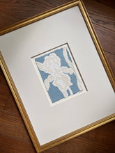 Load image into Gallery viewer, Iris in Blue I, Original Artwork by Kendal Blanchard, Southern artist, Southern art, Flower art, Botanical art, Textured art, Collaged art, Classic artwork, Timeless art, Blue and white artwork, Foliage artwork, Traditional artwork, Original artwork, Traditional home artwork, Painted flowers, Botanicals  Florals, Floral artwork, Coastal artwork
