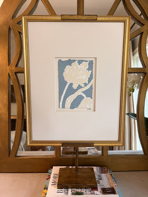Tulip in Blue I, Original Artwork by Kendal Blanchard, Southern artist, Southern art, Flower art, Botanical art, Textured art, Collaged art, Classic artwork, Timeless art, Blue and white artwork, Foliage artwork, Traditional artwork, Original artwork, Traditional home artwork, Painted flowers, Botanicals  Florals, Floral artwork, Coastal artwork