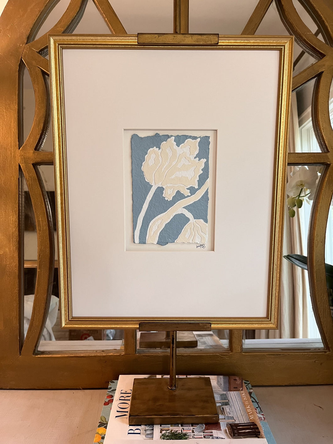 Tulip in Blue I, Original Artwork by Kendal Blanchard, Southern artist, Southern art, Flower art, Botanical art, Textured art, Collaged art, Classic artwork, Timeless art, Blue and white artwork, Foliage artwork, Traditional artwork, Original artwork, Traditional home artwork, Painted flowers, Botanicals  Florals, Floral artwork, Coastal artwork