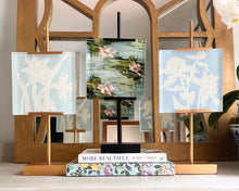 Load image into Gallery viewer, 18&quot; Gold Colored Steel Adjustable Tabletop Easel, Original Artwork by Kendal Blanchard, Southern artist, Southern art, Flower art, Botanical art, Textured art, Collaged art, Classic artwork, Timeless art, Blue and white artwork, Foliage artwork, Traditional artwork, Original artwork, Traditional home artwork, Painted flowers, Botanicals  Florals, Floral artwork, Coastal artwork
