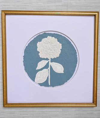 Single Hydrangea in Blue II, Original Artwork by Kendal Blanchard, Southern artist, Southern art, Flower art, Botanical art, Textured art, Collaged art, Classic artwork, Timeless art, Blue and white artwork, Foliage artwork, Traditional artwork, Original artwork, Traditional home artwork, Painted flowers, Botanicals  Florals, Floral artwork, Coastal artwork