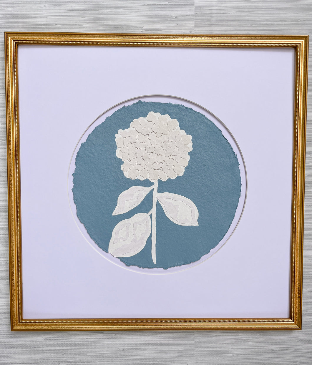 Single Hydrangea in Blue II, Original Artwork by Kendal Blanchard, Southern artist, Southern art, Flower art, Botanical art, Textured art, Collaged art, Classic artwork, Timeless art, Blue and white artwork, Foliage artwork, Traditional artwork, Original artwork, Traditional home artwork, Painted flowers, Botanicals  Florals, Floral artwork, Coastal artwork