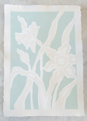 Daffodil Dance III, Original Artwork by Kendal Blanchard, Southern artist, Southern art, Flower art, Botanical art, Textured art, Collaged art, Classic artwork, Timeless art, Blue and white artwork, Foliage artwork, Traditional artwork, Original artwork, Traditional home artwork, Painted flowers, Botanicals  Florals, Floral artwork, Coastal artwork