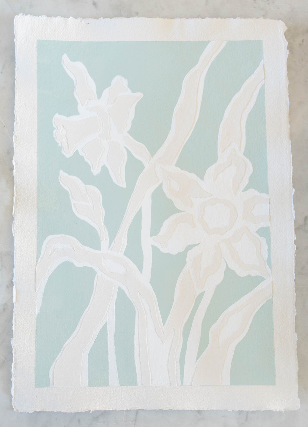Daffodil Dance III, Original Artwork by Kendal Blanchard, Southern artist, Southern art, Flower art, Botanical art, Textured art, Collaged art, Classic artwork, Timeless art, Blue and white artwork, Foliage artwork, Traditional artwork, Original artwork, Traditional home artwork, Painted flowers, Botanicals  Florals, Floral artwork, Coastal artwork