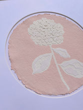Load image into Gallery viewer, Single Hydrangea in Pink, Original Artwork by Kendal Blanchard, Southern artist, Southern art, Flower art, Botanical art, Textured art, Collaged art, Classic artwork, Timeless art, Blue and white artwork, Foliage artwork, Traditional artwork, Original artwork, Traditional home artwork, Painted flowers, Botanicals  Florals, Floral artwork, Coastal artwork
