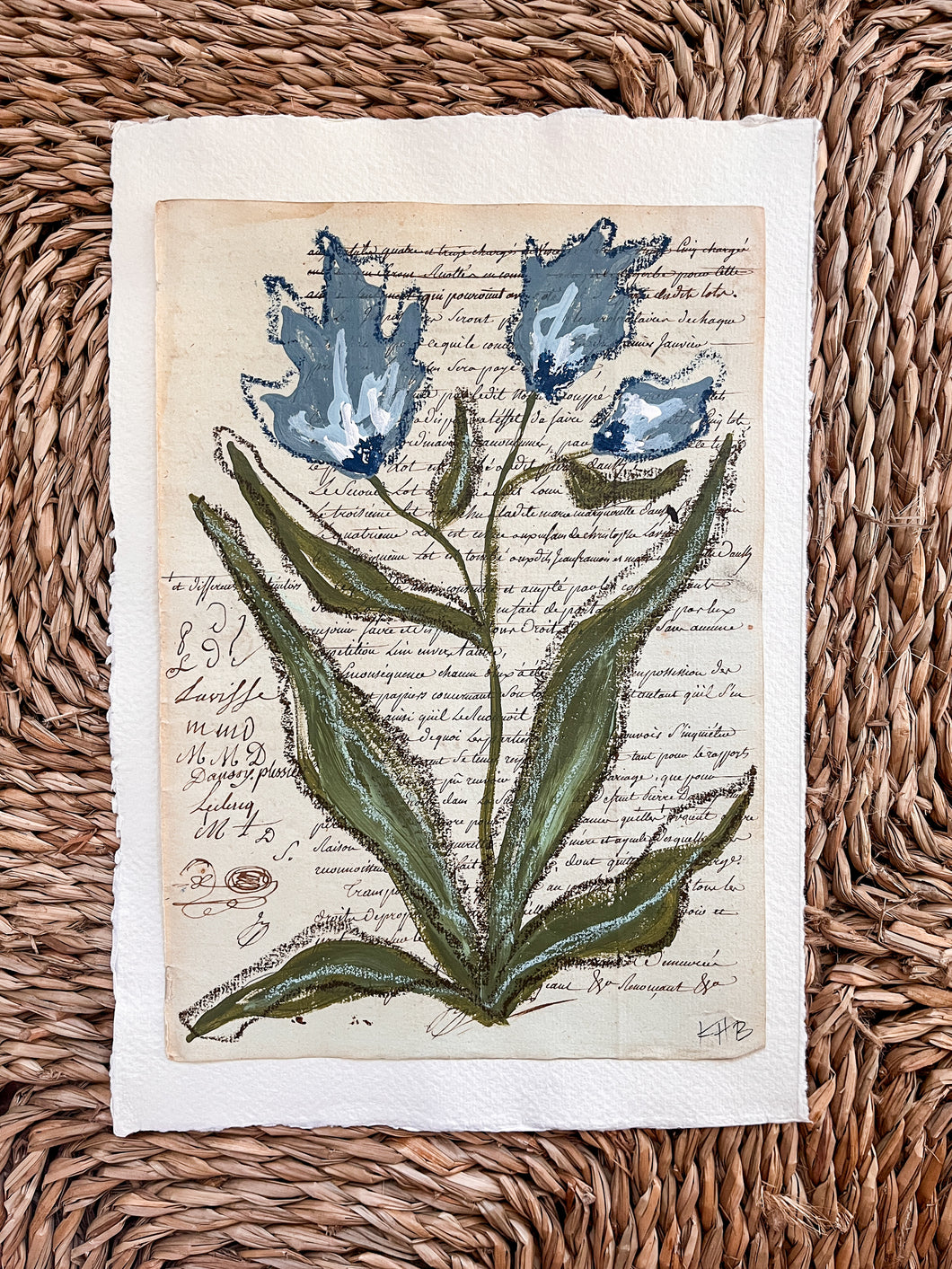 Unframed Fleurs Sauvages 35, Original Artwork by Kendal Blanchard, Southern artist, Southern art, Flower art, Botanical art, Textured art, Collaged art, Classic artwork, Timeless art, Blue and white artwork, Foliage artwork, Traditional artwork, Original artwork, Traditional home artwork, Painted flowers, Botanicals Florals, Floral artwork, Coastal artwork