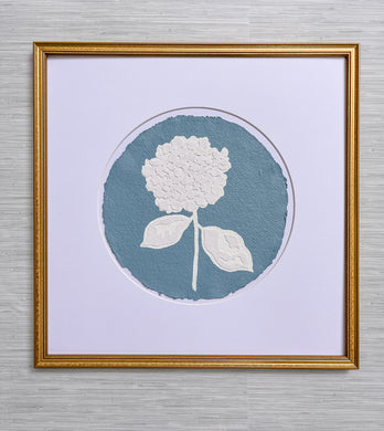 Single Hydrangea in Blue I, Original Artwork by Kendal Blanchard, Southern artist, Southern art, Flower art, Botanical art, Textured art, Collaged art, Classic artwork, Timeless art, Blue and white artwork, Foliage artwork, Traditional artwork, Original artwork, Traditional home artwork, Painted flowers, Botanicals  Florals, Floral artwork, Coastal artwork