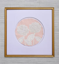 Load image into Gallery viewer, Double Hydrangea in Pink, Original Artwork by Kendal Blanchard, Southern artist, Southern art, Flower art, Botanical art, Textured art, Collaged art, Classic artwork, Timeless art, Blue and white artwork, Foliage artwork, Traditional artwork, Original artwork, Traditional home artwork, Painted flowers, Botanicals  Florals, Floral artwork, Coastal artwork
