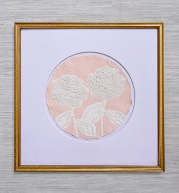 Double Hydrangea in Pink, Original Artwork by Kendal Blanchard, Southern artist, Southern art, Flower art, Botanical art, Textured art, Collaged art, Classic artwork, Timeless art, Blue and white artwork, Foliage artwork, Traditional artwork, Original artwork, Traditional home artwork, Painted flowers, Botanicals  Florals, Floral artwork, Coastal artwork