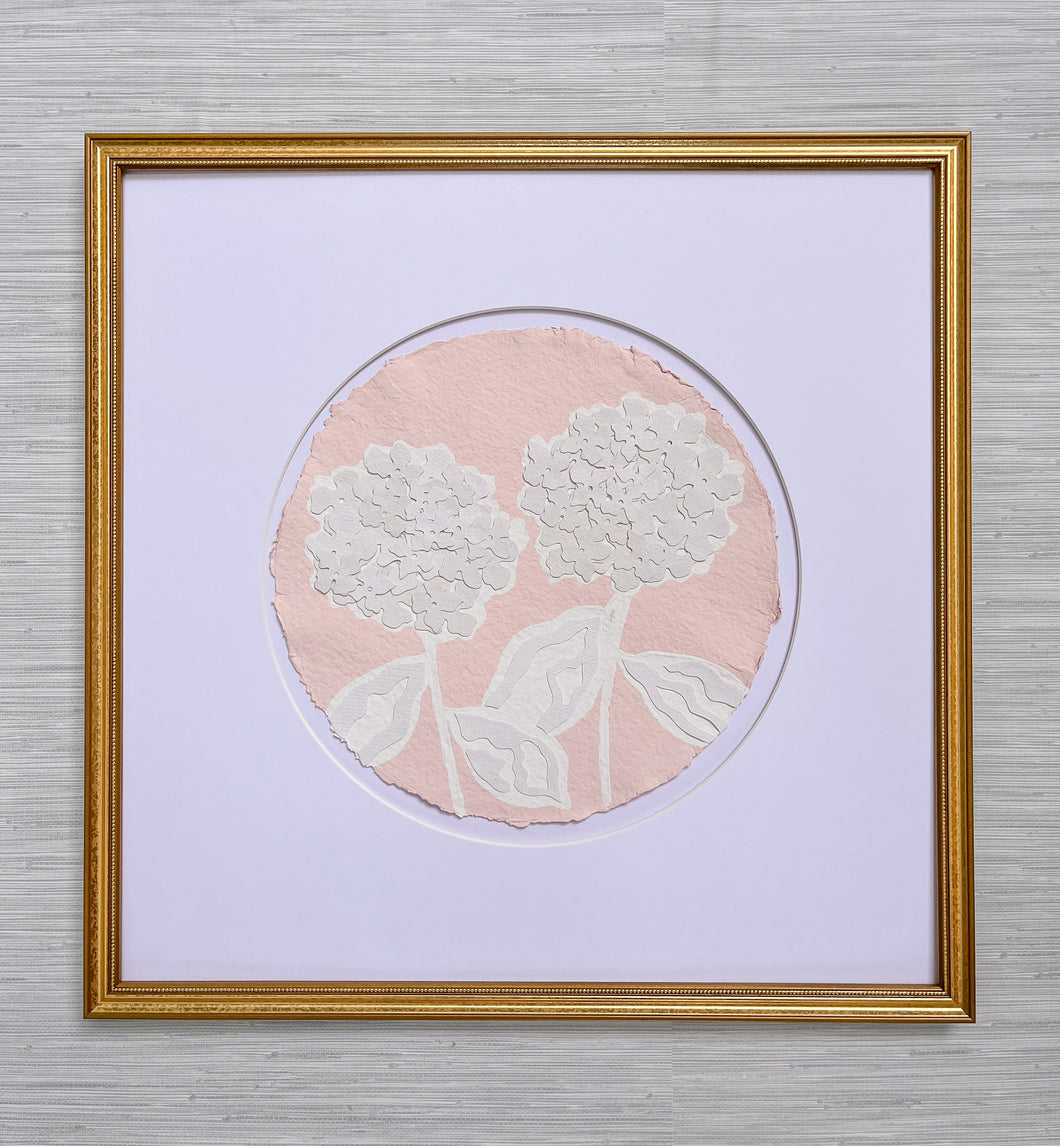 Double Hydrangea in Pink, Original Artwork by Kendal Blanchard, Southern artist, Southern art, Flower art, Botanical art, Textured art, Collaged art, Classic artwork, Timeless art, Blue and white artwork, Foliage artwork, Traditional artwork, Original artwork, Traditional home artwork, Painted flowers, Botanicals  Florals, Floral artwork, Coastal artwork