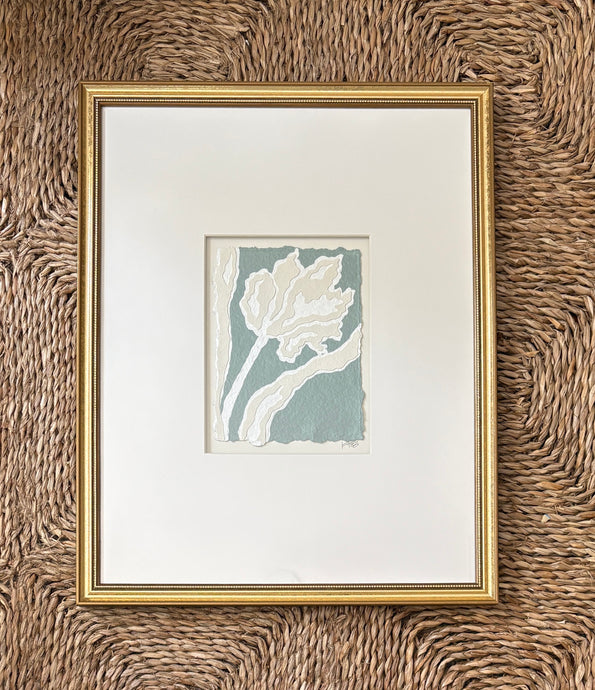 Tulip Fragment I, Original Artwork by Kendal Blanchard, Southern artist, Southern art, Flower art, Botanical art, Textured art, Collaged art, Classic artwork, Timeless art, Blue and white artwork, Foliage artwork, Traditional artwork, Original artwork, Traditional home artwork, Painted flowers, Botanicals Florals, Floral artwork, Coastal artwork