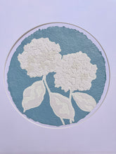 Load image into Gallery viewer, Double Hydrangea in Blue I, Original Artwork by Kendal Blanchard, Southern artist, Southern art, Flower art, Botanical art, Textured art, Collaged art, Classic artwork, Timeless art, Blue and white artwork, Foliage artwork, Traditional artwork, Original artwork, Traditional home artwork, Painted flowers, Botanicals  Florals, Floral artwork, Coastal artwork
