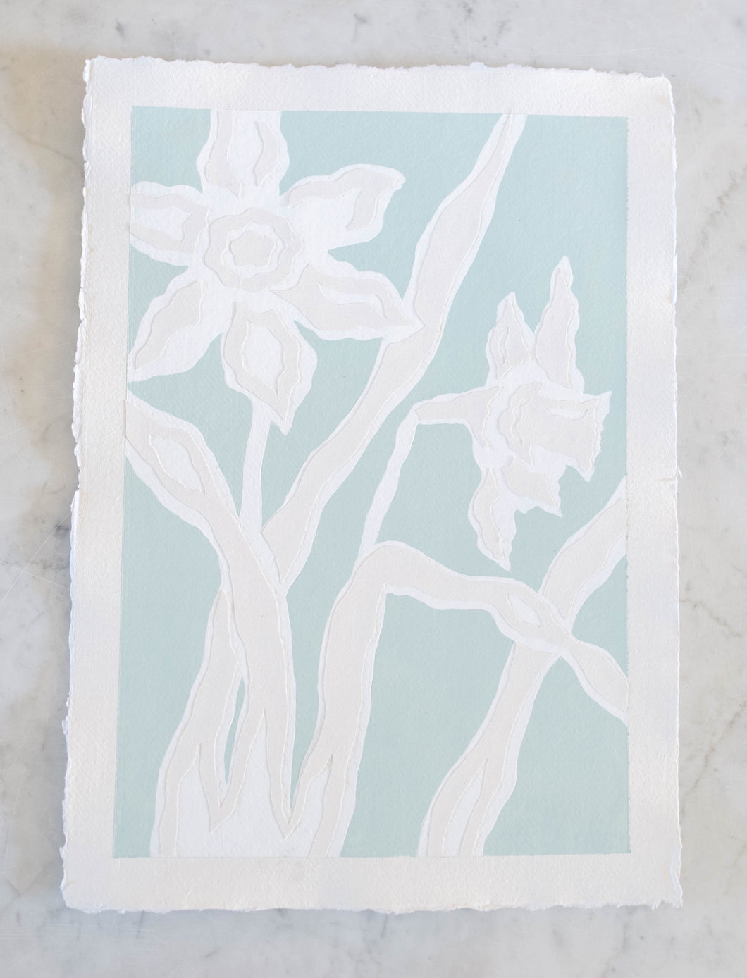Daffodil Dance I, Original Artwork by Kendal Blanchard, Southern artist, Southern art, Flower art, Botanical art, Textured art, Collaged art, Classic artwork, Timeless art, Blue and white artwork, Foliage artwork, Traditional artwork, Original artwork, Traditional home artwork, Painted flowers, Botanicals  Florals, Floral artwork, Coastal artwork