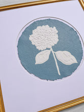 Load image into Gallery viewer, Single Hydrangea in Blue I, Original Artwork by Kendal Blanchard, Southern artist, Southern art, Flower art, Botanical art, Textured art, Collaged art, Classic artwork, Timeless art, Blue and white artwork, Foliage artwork, Traditional artwork, Original artwork, Traditional home artwork, Painted flowers, Botanicals  Florals, Floral artwork, Coastal artwork
