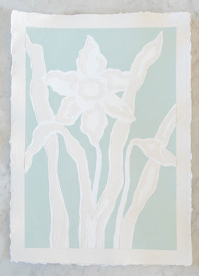Daffodil Dance IV, Original Artwork by Kendal Blanchard, Southern artist, Southern art, Flower art, Botanical art, Textured art, Collaged art, Classic artwork, Timeless art, Blue and white artwork, Foliage artwork, Traditional artwork, Original artwork, Traditional home artwork, Painted flowers, Botanicals  Florals, Floral artwork, Coastal artwork