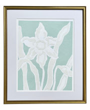 Load image into Gallery viewer, Daffodil Daze Print I, Original Artwork by Kendal Blanchard, Southern artist, Southern art, Flower art, Botanical art, Textured art, Collaged art, Classic artwork, Timeless art, Blue and white artwork, Foliage artwork, Traditional artwork, Original artwork, Traditional home artwork, Painted flowers, Botanicals  Florals, Floral artwork, Coastal artwork
