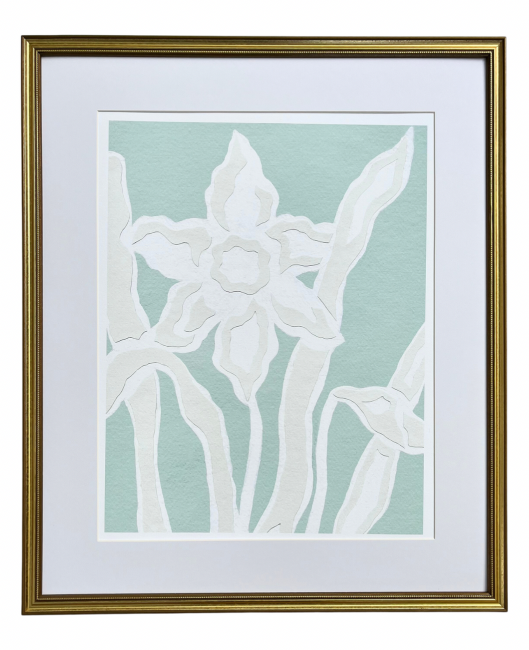 Daffodil Daze Print I, Original Artwork by Kendal Blanchard, Southern artist, Southern art, Flower art, Botanical art, Textured art, Collaged art, Classic artwork, Timeless art, Blue and white artwork, Foliage artwork, Traditional artwork, Original artwork, Traditional home artwork, Painted flowers, Botanicals  Florals, Floral artwork, Coastal artwork