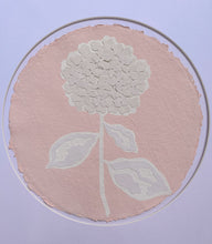 Load image into Gallery viewer, Single Hydrangea in Pink, Original Artwork by Kendal Blanchard, Southern artist, Southern art, Flower art, Botanical art, Textured art, Collaged art, Classic artwork, Timeless art, Blue and white artwork, Foliage artwork, Traditional artwork, Original artwork, Traditional home artwork, Painted flowers, Botanicals  Florals, Floral artwork, Coastal artwork
