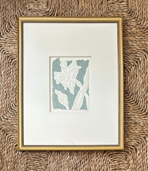 Daffodil Fragment I, Original Artwork by Kendal Blanchard, Southern artist, Southern art, Flower art, Botanical art, Textured art, Collaged art, Classic artwork, Timeless art, Blue and white artwork, Foliage artwork, Traditional artwork, Original artwork, Traditional home artwork, Painted flowers, Botanicals Florals, Floral artwork, Coastal artwork