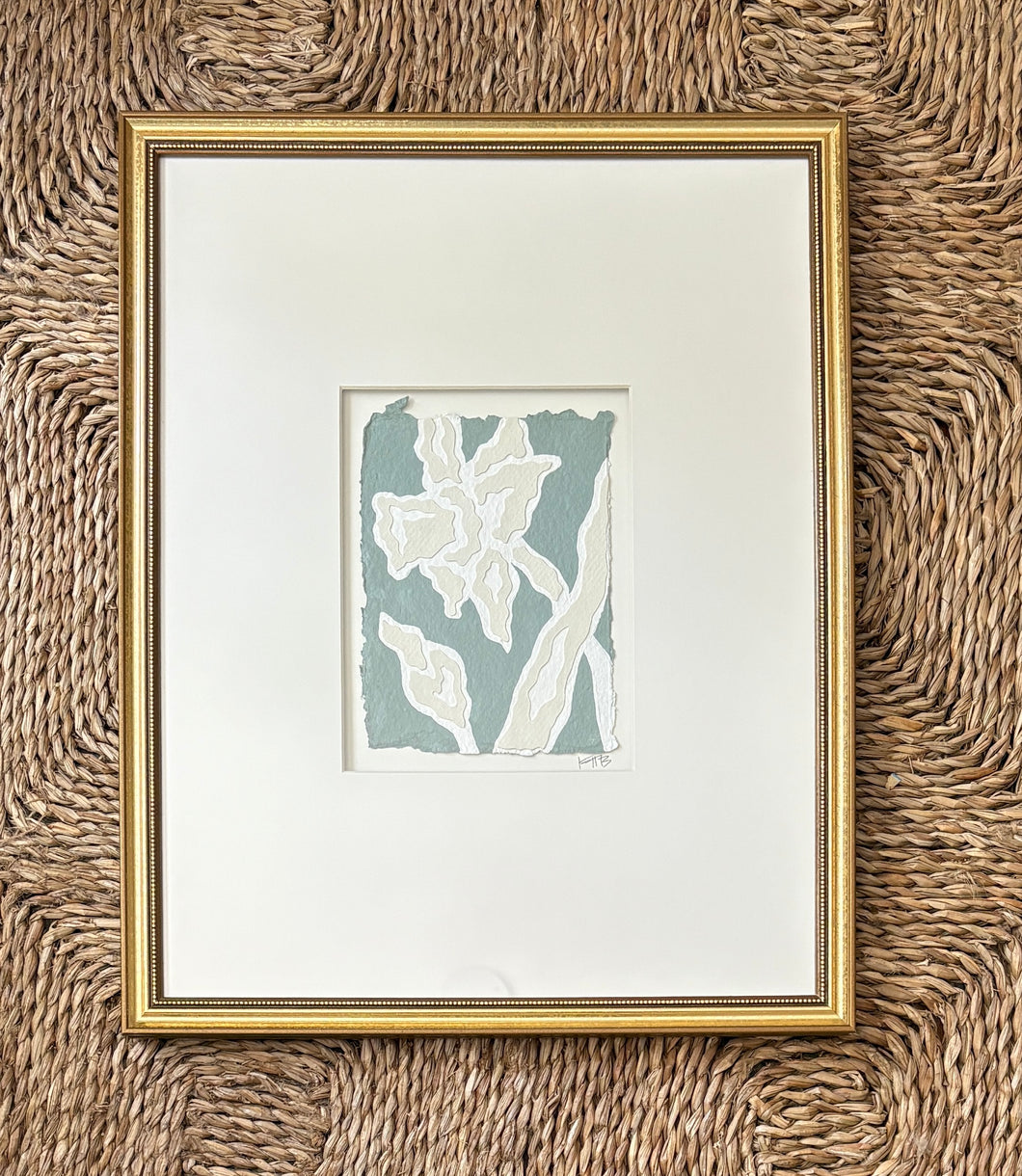 Daffodil Fragment I, Original Artwork by Kendal Blanchard, Southern artist, Southern art, Flower art, Botanical art, Textured art, Collaged art, Classic artwork, Timeless art, Blue and white artwork, Foliage artwork, Traditional artwork, Original artwork, Traditional home artwork, Painted flowers, Botanicals Florals, Floral artwork, Coastal artwork