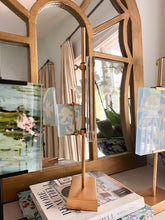 Load image into Gallery viewer, 18&quot; Gold Colored Steel Adjustable Tabletop Easel, Original Artwork by Kendal Blanchard, Southern artist, Southern art, Flower art, Botanical art, Textured art, Collaged art, Classic artwork, Timeless art, Blue and white artwork, Foliage artwork, Traditional artwork, Original artwork, Traditional home artwork, Painted flowers, Botanicals  Florals, Floral artwork, Coastal artwork
