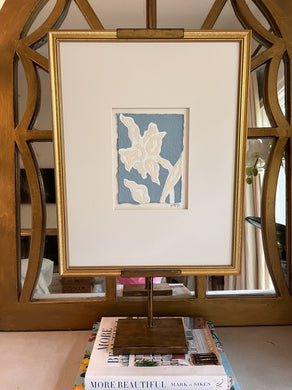 Daffodil in Blue I, Original Artwork by Kendal Blanchard, Southern artist, Southern art, Flower art, Botanical art, Textured art, Collaged art, Classic artwork, Timeless art, Blue and white artwork, Foliage artwork, Traditional artwork, Original artwork, Traditional home artwork, Painted flowers, Botanicals  Florals, Floral artwork, Coastal artwork