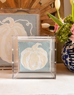 Small Blue Collaged Pumpkin, Original Artwork by Kendal Blanchard, Southern artist, Southern art, Flower art, Botanical art, Textured art, Collaged art, Classic artwork, Timeless art, Blue and white artwork, Foliage artwork, Traditional artwork, Original artwork, Traditional home artwork, Painted flowers, Botanicals  Florals, Floral artwork, Coastal artwork