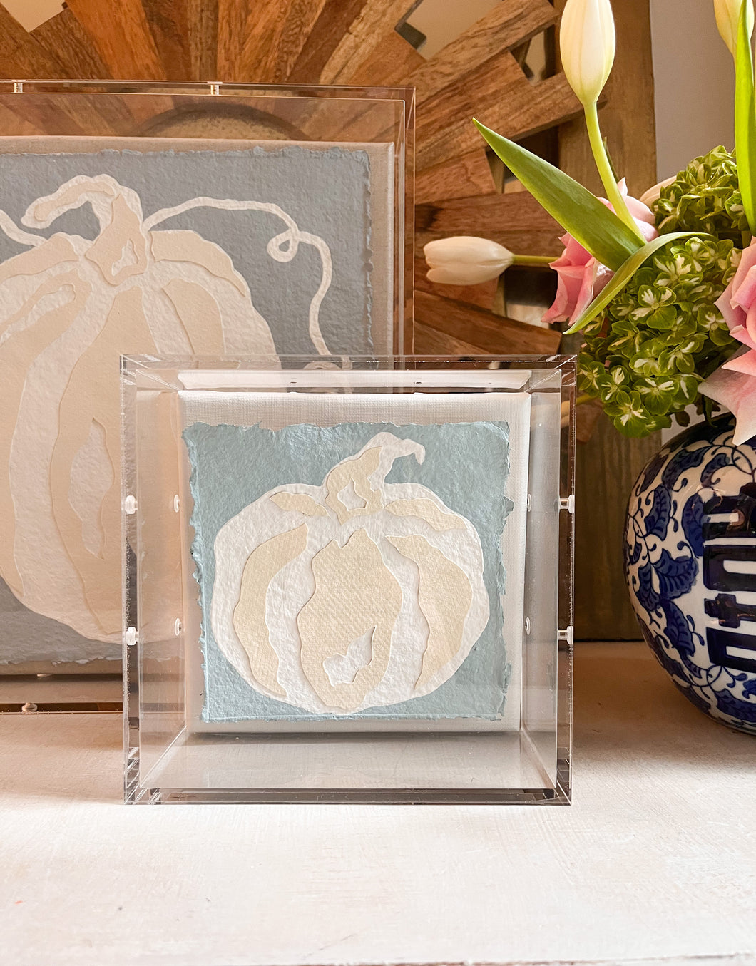 Small Blue Collaged Pumpkin, Original Artwork by Kendal Blanchard, Southern artist, Southern art, Flower art, Botanical art, Textured art, Collaged art, Classic artwork, Timeless art, Blue and white artwork, Foliage artwork, Traditional artwork, Original artwork, Traditional home artwork, Painted flowers, Botanicals  Florals, Floral artwork, Coastal artwork