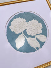 Load image into Gallery viewer, Double Hydrangea in Blue I, Original Artwork by Kendal Blanchard, Southern artist, Southern art, Flower art, Botanical art, Textured art, Collaged art, Classic artwork, Timeless art, Blue and white artwork, Foliage artwork, Traditional artwork, Original artwork, Traditional home artwork, Painted flowers, Botanicals  Florals, Floral artwork, Coastal artwork
