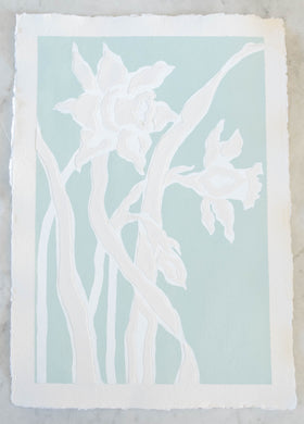 Daffodil Dance II, Original Artwork by Kendal Blanchard, Southern artist, Southern art, Flower art, Botanical art, Textured art, Collaged art, Classic artwork, Timeless art, Blue and white artwork, Foliage artwork, Traditional artwork, Original artwork, Traditional home artwork, Painted flowers, Botanicals  Florals, Floral artwork, Coastal artwork