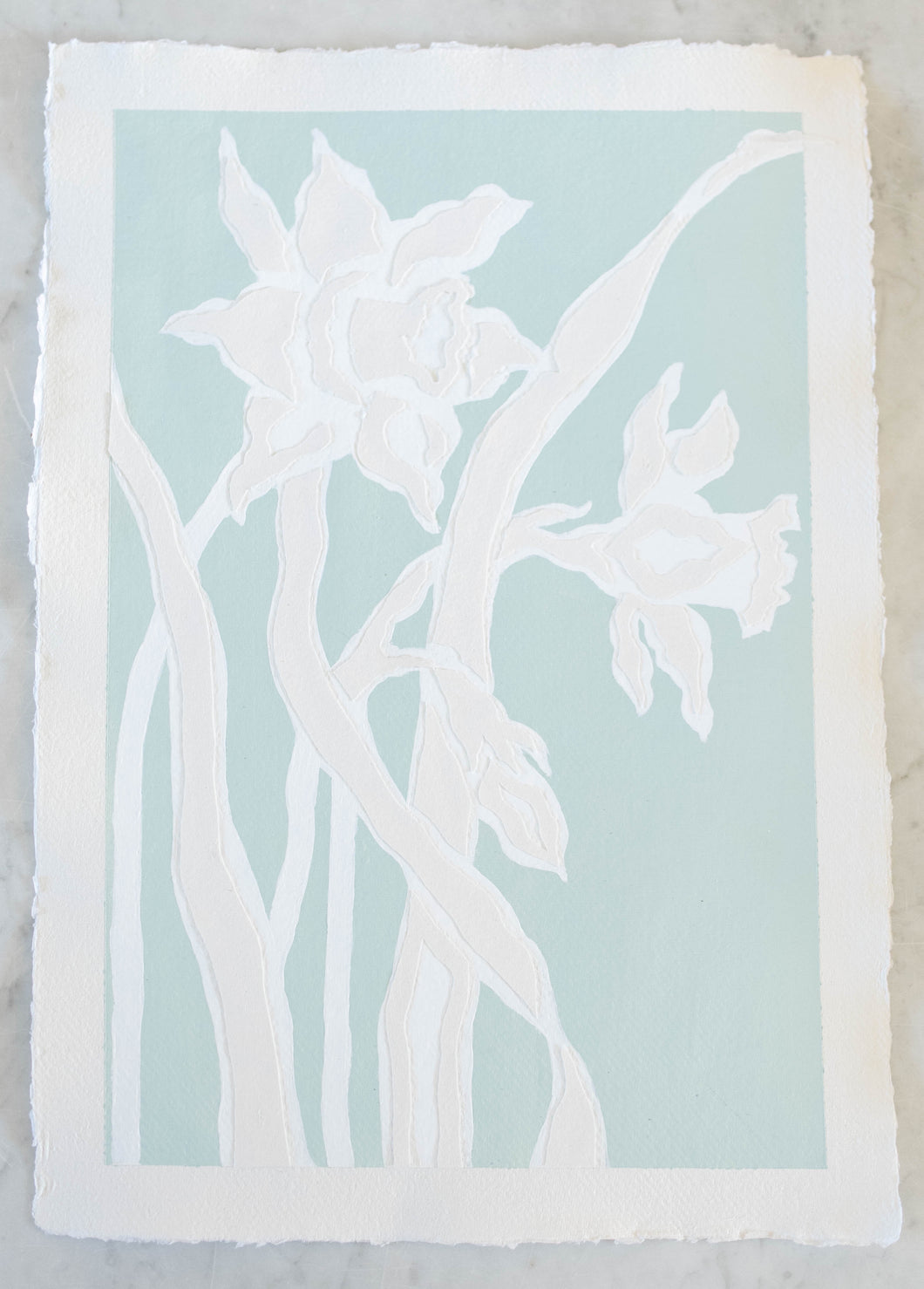 Daffodil Dance II, Original Artwork by Kendal Blanchard, Southern artist, Southern art, Flower art, Botanical art, Textured art, Collaged art, Classic artwork, Timeless art, Blue and white artwork, Foliage artwork, Traditional artwork, Original artwork, Traditional home artwork, Painted flowers, Botanicals  Florals, Floral artwork, Coastal artwork
