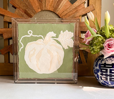 Short Green Collaged Pumpkin, Original Artwork by Kendal Blanchard, Southern artist, Southern art, Flower art, Botanical art, Textured art, Collaged art, Classic artwork, Timeless art, Blue and white artwork, Foliage artwork, Traditional artwork, Original artwork, Traditional home artwork, Painted flowers, Botanicals  Florals, Floral artwork, Coastal artwork