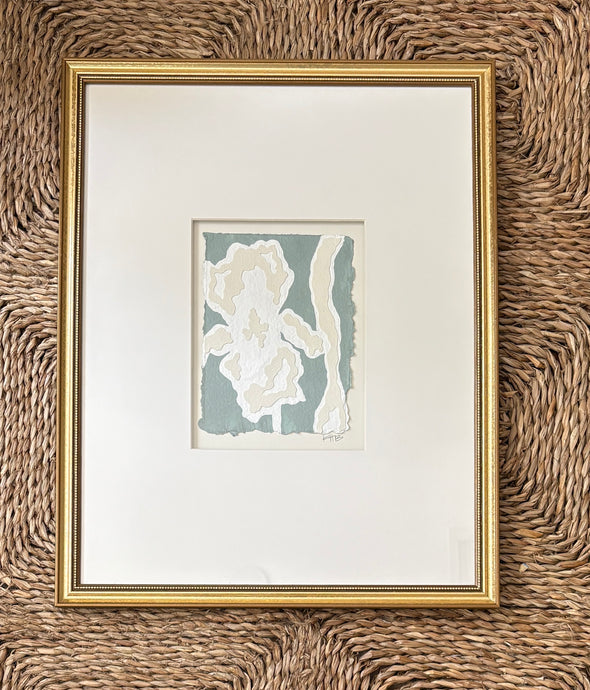 Iris Fragment II, Original Artwork by Kendal Blanchard, Southern artist, Southern art, Flower art, Botanical art, Textured art, Collaged art, Classic artwork, Timeless art, Blue and white artwork, Foliage artwork, Traditional artwork, Original artwork, Traditional home artwork, Painted flowers, Botanicals Florals, Floral artwork, Coastal artwork