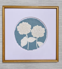 Load image into Gallery viewer, Double Hydrangea in Blue II, Original Artwork by Kendal Blanchard, Southern artist, Southern art, Flower art, Botanical art, Textured art, Collaged art, Classic artwork, Timeless art, Blue and white artwork, Foliage artwork, Traditional artwork, Original artwork, Traditional home artwork, Painted flowers, Botanicals  Florals, Floral artwork, Coastal artwork
