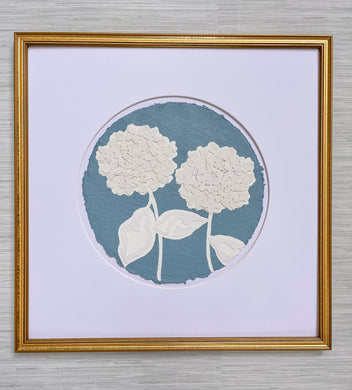 Double Hydrangea in Blue II, Original Artwork by Kendal Blanchard, Southern artist, Southern art, Flower art, Botanical art, Textured art, Collaged art, Classic artwork, Timeless art, Blue and white artwork, Foliage artwork, Traditional artwork, Original artwork, Traditional home artwork, Painted flowers, Botanicals  Florals, Floral artwork, Coastal artwork