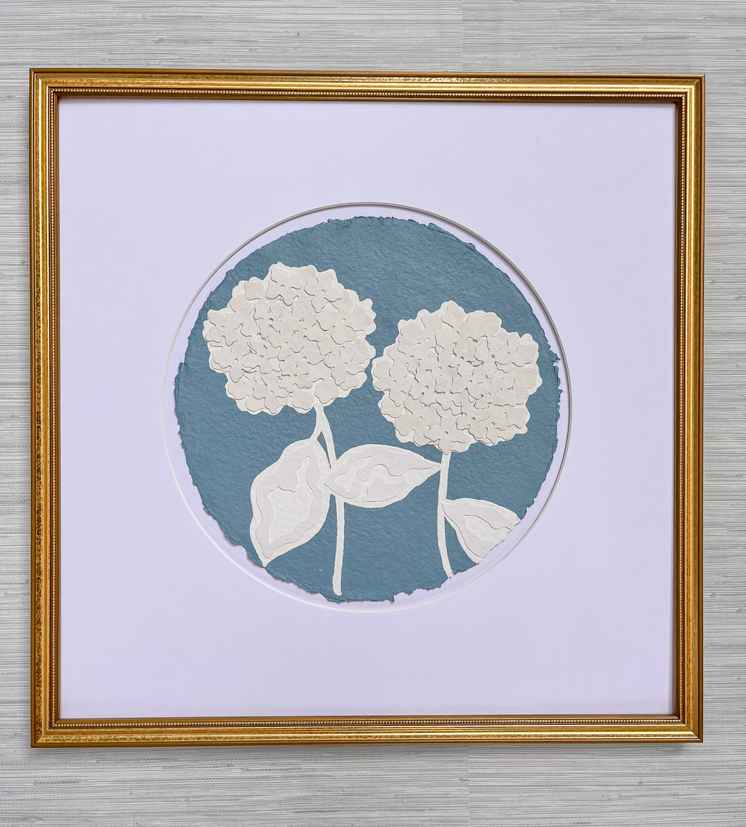 Double Hydrangea in Blue II, Original Artwork by Kendal Blanchard, Southern artist, Southern art, Flower art, Botanical art, Textured art, Collaged art, Classic artwork, Timeless art, Blue and white artwork, Foliage artwork, Traditional artwork, Original artwork, Traditional home artwork, Painted flowers, Botanicals  Florals, Floral artwork, Coastal artwork