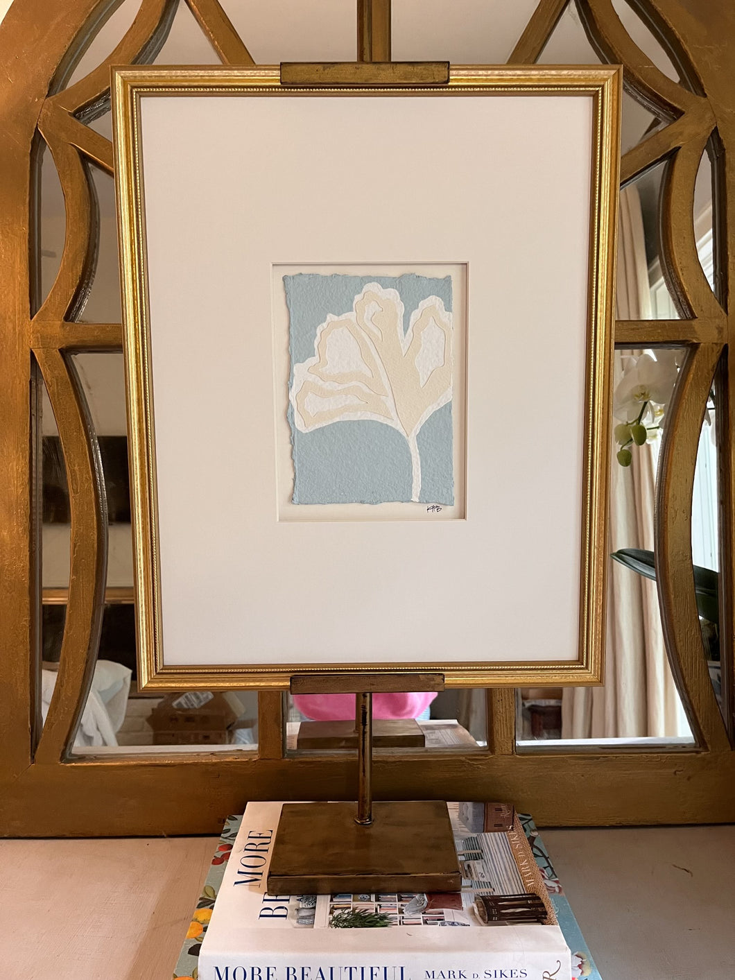 Gingko in Blue, Original Artwork by Kendal Blanchard, Southern artist, Southern art, Flower art, Botanical art, Textured art, Collaged art, Classic artwork, Timeless art, Blue and white artwork, Foliage artwork, Traditional artwork, Original artwork, Traditional home artwork, Painted flowers, Botanicals  Florals, Floral artwork, Coastal artwork