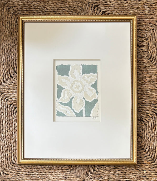 Daffodil Fragment II, Original Artwork by Kendal Blanchard, Southern artist, Southern art, Flower art, Botanical art, Textured art, Collaged art, Classic artwork, Timeless art, Blue and white artwork, Foliage artwork, Traditional artwork, Original artwork, Traditional home artwork, Painted flowers, Botanicals Florals, Floral artwork, Coastal artwork