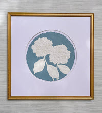 Load image into Gallery viewer, Double Hydrangea in Blue I, Original Artwork by Kendal Blanchard, Southern artist, Southern art, Flower art, Botanical art, Textured art, Collaged art, Classic artwork, Timeless art, Blue and white artwork, Foliage artwork, Traditional artwork, Original artwork, Traditional home artwork, Painted flowers, Botanicals  Florals, Floral artwork, Coastal artwork
