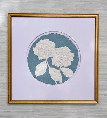 Double Hydrangea in Blue I, Original Artwork by Kendal Blanchard, Southern artist, Southern art, Flower art, Botanical art, Textured art, Collaged art, Classic artwork, Timeless art, Blue and white artwork, Foliage artwork, Traditional artwork, Original artwork, Traditional home artwork, Painted flowers, Botanicals  Florals, Floral artwork, Coastal artwork