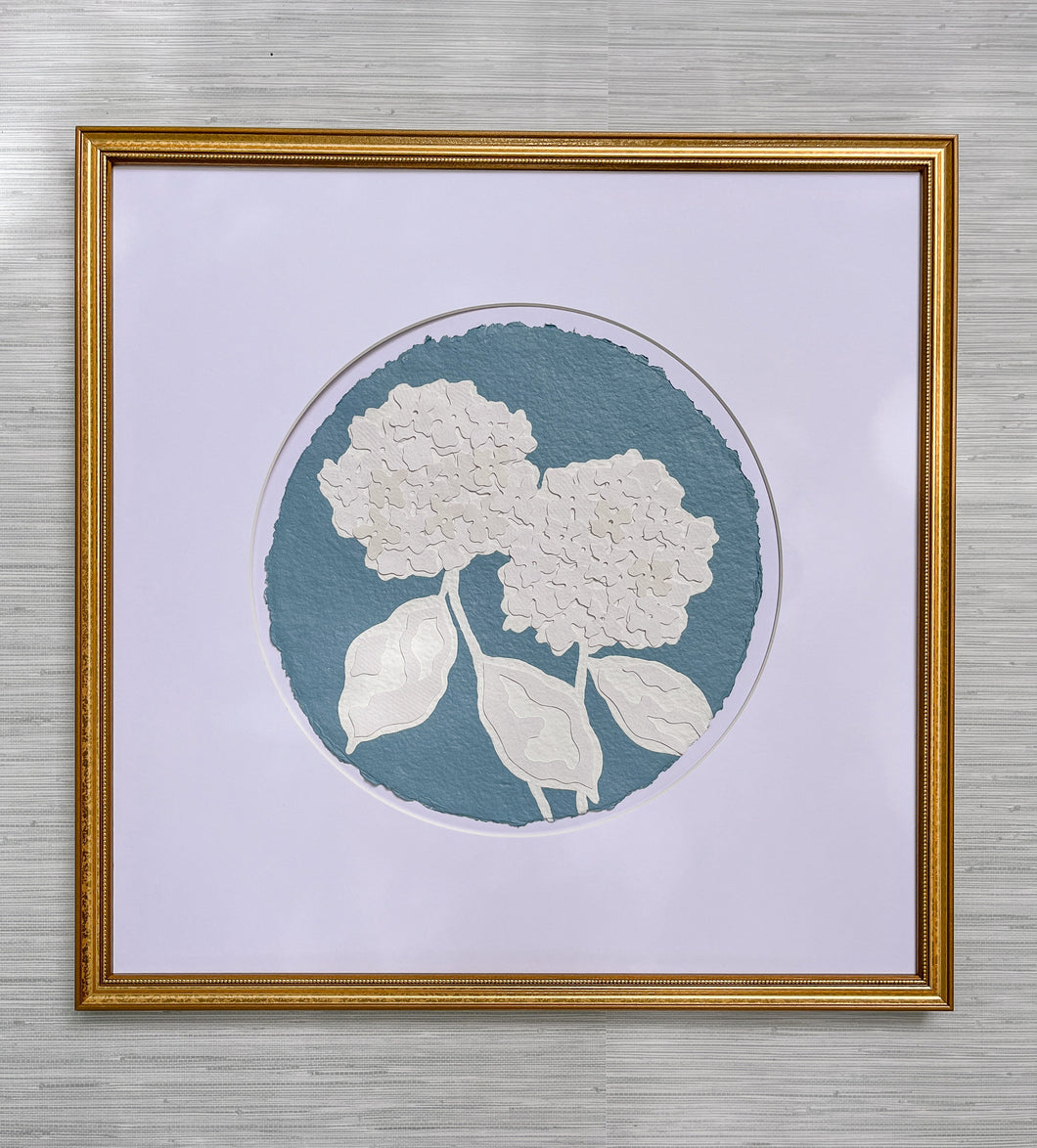Double Hydrangea in Blue I, Original Artwork by Kendal Blanchard, Southern artist, Southern art, Flower art, Botanical art, Textured art, Collaged art, Classic artwork, Timeless art, Blue and white artwork, Foliage artwork, Traditional artwork, Original artwork, Traditional home artwork, Painted flowers, Botanicals  Florals, Floral artwork, Coastal artwork